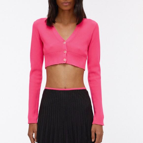 Helmut Lang Essential Crop Button Front Cardigan Sweater Neon Pink-S - Picture 3 of 10